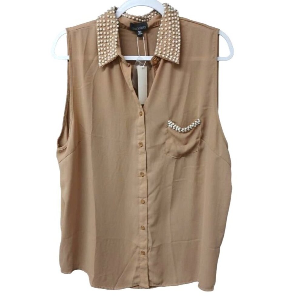 Sleeveless Blouse With Pearl Embellished Collar & Pocket Trim Zenobia 3XL